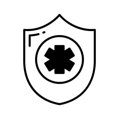 Koruyucu kalkanın içinde sağlık sigortası ve tıbbi koruma vektörü konseptini gösteren tıbbi işaretler var.