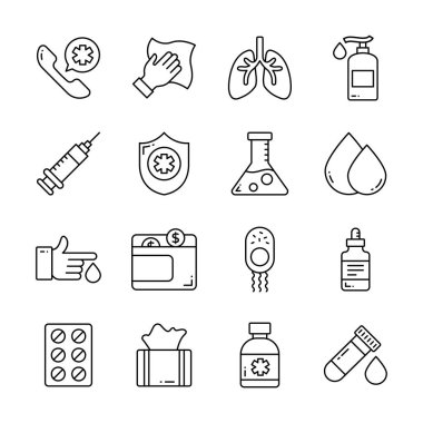 Çeşitli tıbbi ve sağlık unsurlarını temsil eden bir dizi simge.