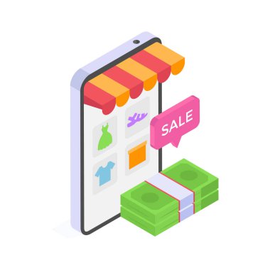 Satış afişi ve para yığını olan cep telefonu mağazası.