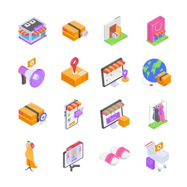 Ekommerce ve çevrimiçi alışverişin çeşitli yönlerini tasvir eden bir dizi izometrik simge