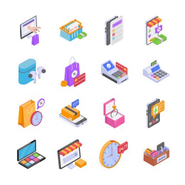 Modern tarzda hazırlanmış yaratıcı alışveriş ve ekommerce simgeleri