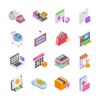 Bu canlı, izometrik ikonlar seti ekommerce ve perakende satışın çeşitli yönlerini tasvir eder