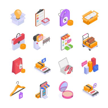 Bu inanılmaz ekommerce ve perakende ticaret sürecini modadan tasarım tarzında izometrik simgelere dönüştür