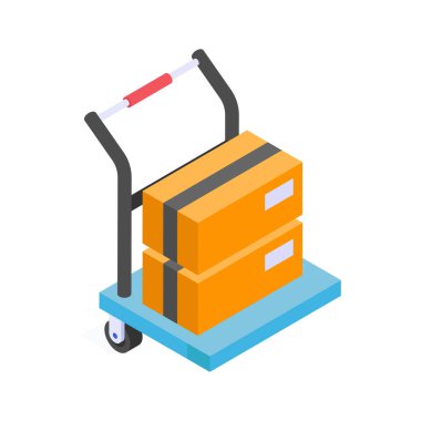 Teslimat ve lojistik için istiflenmiş paketler taşıyan depo el arabası..