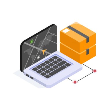 Çevrimiçi paket sevkiyatı ve teslimatı için GPS 'i gösteren Isometric laptop.