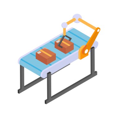 Taşıyıcı banttaki otomatik robotik kol sıralama ve paketleme paketleri.