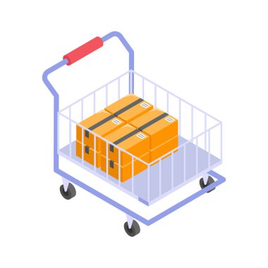 Ecommerce ve teslimat için paketlerle dolu Isometric alışveriş arabası.