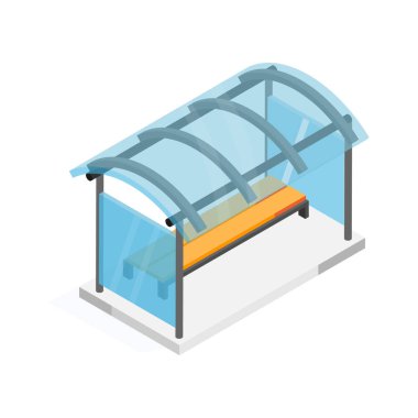 Isometric otobüs durağı simgesi barınak, bank ve bekleme alanı.