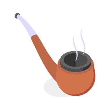 Klasik ahşap tüten, dumanlı izometrik bir pipo simgesi..
