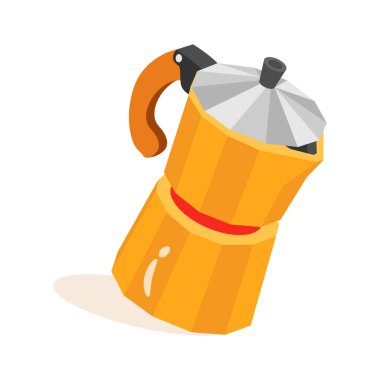 Popüler bir İtalyan kahve makinesi olan turuncu / sarı Moka Pot 'un canlı, izometrik bir çizimi..