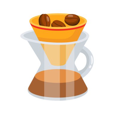 Canlı bir çizgi film stili grafiği kahve makinesinin üzerine dökülen bir şeyi resmediyor.