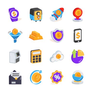 Modern tasarım tarzında iş ve finans simgeleri paketi