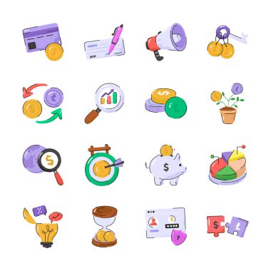 İş ve ticaret simgelerini tasvir eden el çizimleri setine bir göz atın