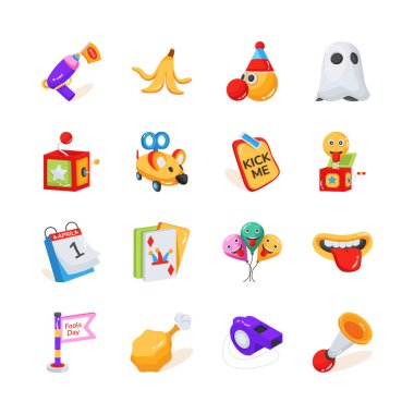 Nisan şakaları ve mizah simgelerini tasvir eden 3D koleksiyon