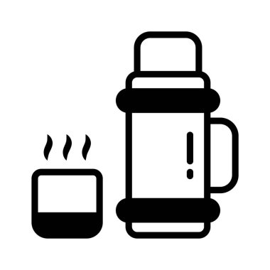 Seyahat ve açık hava maceraları için sıcak içecekleri temsil eden bir termos şişesi..