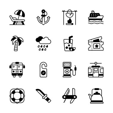 Çeşitli seyahat ve boş zaman aktivitelerini gösteren bir simge kümesi,