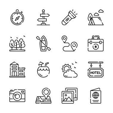 Seyahat ve turizmin çeşitli yönlerini gösteren basit simgelerden oluşan bir koleksiyon.