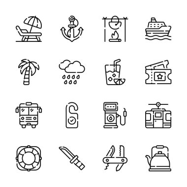 Çeşitli seyahat ve boş zaman aktivitelerini gösteren bir simge kümesi,