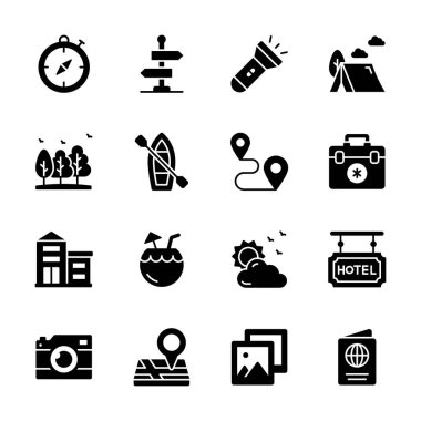Seyahat ve turizmin çeşitli yönlerini gösteren basit simgelerden oluşan bir koleksiyon.