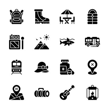 Birçok açık hava eğlencesi ve seyahat temasını temsil etmek için mükemmel bir ikon seti..