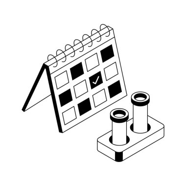 Laboratuar takvimini şişelerle tasvir eden kullanışlı bir izometrik biçim simgesi