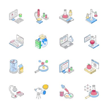Bilim ve laboratuvar deney simgelerinin bu inanılmaz izometrik koleksiyonunu alın