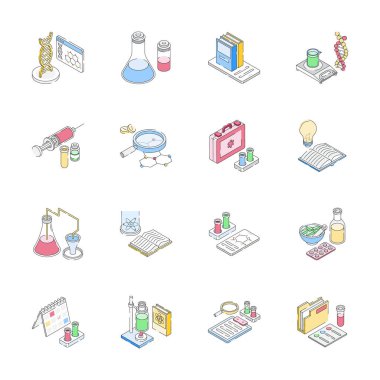 Bilimsel çalışma izometrik simgelerini gösteren moda koleksiyonu, düzenlenmesi kolay