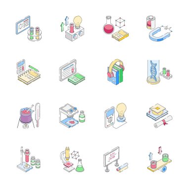 Bilimsel araştırma izometrik simgelerini tasvir eden premium paketine bakın