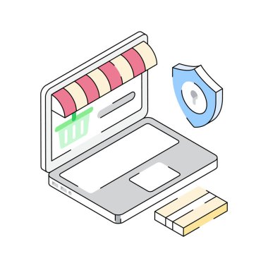 Çevrimiçi güvenli alışveriş gösteren izometrik dış hat simgesi kullanmaya hazır