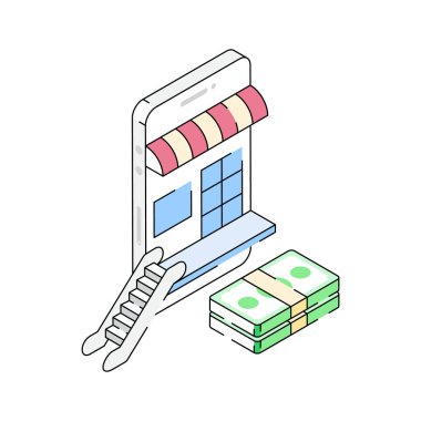 İşte mobil satın almanın premium izometrik ana hatları simgesi