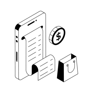 Çevrimiçi alışveriş faturasının bu son izometrik ana hatları simgesine bir göz atın