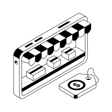 Mobil alışverişin iyi tasarlanmış birinci sınıf izometrik taslak simgesi