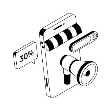 İşte çevrimiçi satış promosyonunun izometrik ana hatları simgesi