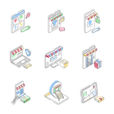 Premium kullanımına hazır ekommerce izometrik simgelerin koleksiyonuna bak