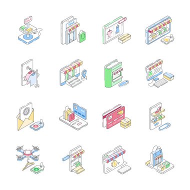 Burada çevrimiçi satın alma izometrik simgelerinin son paketi var, düzenlenmesi kolay