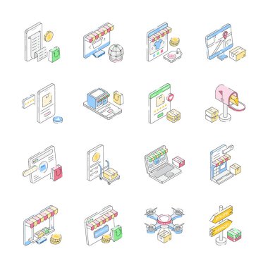 Çevrimiçi alışveriş simgelerinin bu modern izometrik koleksiyonunu alın