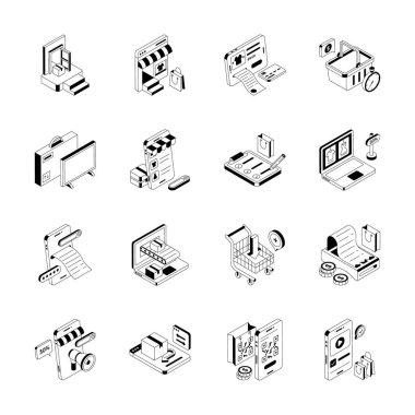 Çevrimiçi depolama simgeleri tasvir eden bu inanılmaz izometrik taslak koleksiyonunu yakala