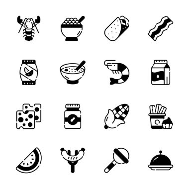 Sokak yemeği ve içecek ikonlarının kabartma stiline bak.