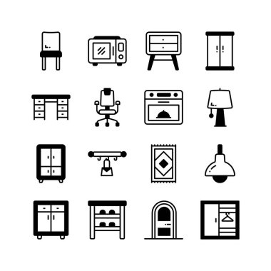 Mobilya simgelerinin bu muhteşem kabartma koleksiyonunu prim kullanımına hazır hale getirin.