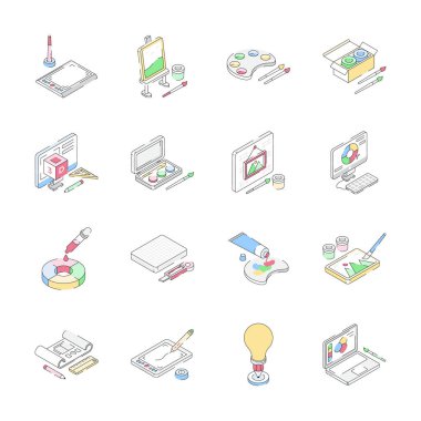 Grafik tasarımı ve sanat malzemeleri simgelerini gösteren izometrik bir koleksiyon