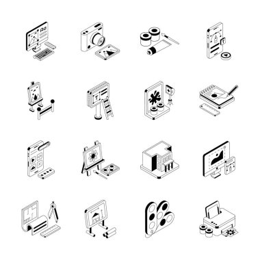 Dijital sanat ve resim malzemelerini gösteren izometrik simgelerin kullanışlı paketi