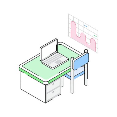 Çalışma masasının görsel olarak çekici izometrik dış hat simgesi