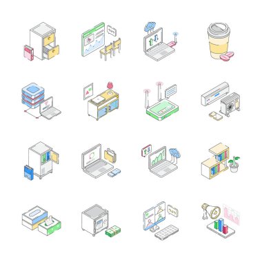 Modern ofis ekipmanları eşölçülü simgeleri indir, düzenlenmesi kolay