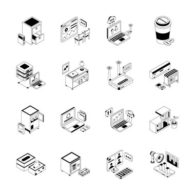 Modern ofis ekipmanları eşölçülü simgeleri indir, düzenlenmesi kolay