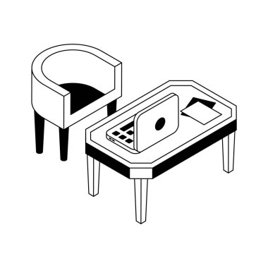 Kanepe ile dizüstü bilgisayar tablosunu gösteren izometrik dış hat simgesi kullanmaya hazır