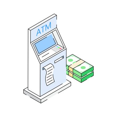 Banka makinesini gösteren birinci sınıf izometrik dış hat simgesi