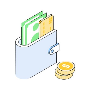 Para cüzdanını gösteren izometrik simge kullanmaya hazır