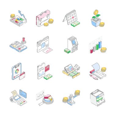 Modern iş ve para izometrik simgeleri paketini indir