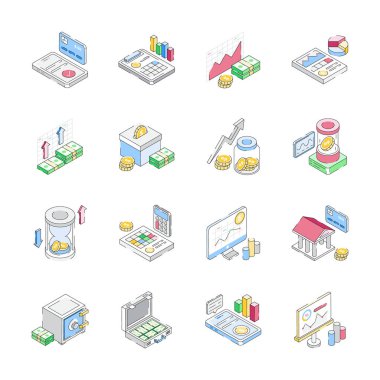 İş ve finans izometrik simgelerini gösteren bu moda koleksiyonu alın