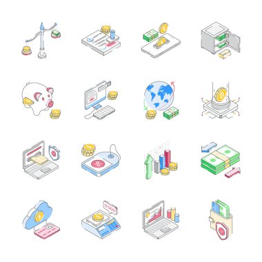 Para yönetimi izometrik simgelerinin özelleştirilebilir koleksiyonu